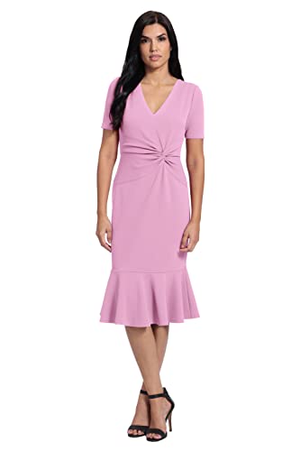 Image of London Times Women's V-Neck Dress - Flounce Hem, Twist Waist, Elegant Office & Event Wear