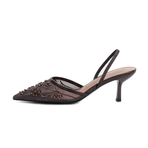 Image of Embroidered Mesh Slingback Heels for Women White Pearl Kitten Heel Pumps Pointed Toe Backless Wedding Shoes
