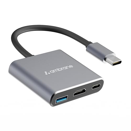 Image of Ambrane 3-in-1 Multiport USB Hub | Type C To HDMI Adapter |Connector| 100W PD Fast Charging Ports | upto 5 Gbps High-Speed Data Transfer for laptops, MacBook, Tablets & Smartphones (E-Hub Pro, Grey)