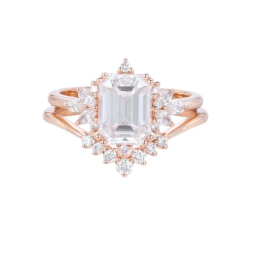Emerald Cut Moissanite Wedding Ring Set for Women 1.5CT Moissanite Bridal Ring Set 925 Sterling Silver 10K 14K 18K Gold Vintage Engagement Ring Set for Wife Bridal with Free Engraving4