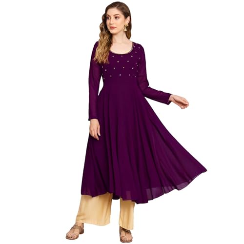 Image of PH POSHAKHUB Georgette Regular Fit Hand Embroidery Anarkali Kurta Set for Women, Yoke Anarkali Kurta for Woman, Ankle Length Anarkali Suit for Women, Full Sleeve Kurti, Dress for Woman