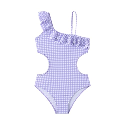 Trajes de baño para niños niñas, un hombro con volantes, traje de baño a cuadros, morado, 13-14 años