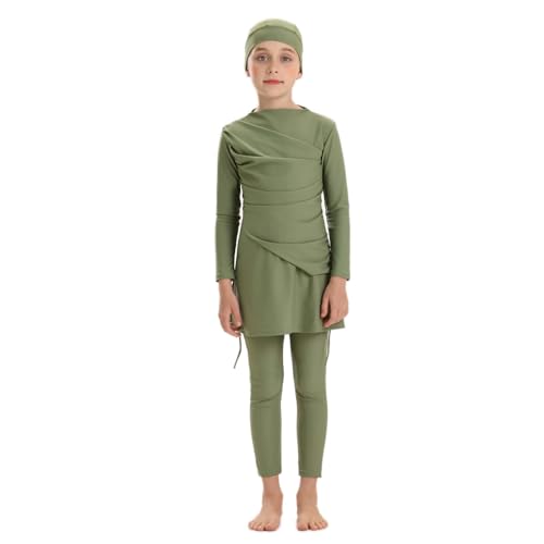 Image of Muslim Swimsuits for Girls Modest Swimwear Full Cover Hijab Burkini Islamic Top Pants Cap 3PCS Rash Guard Sets