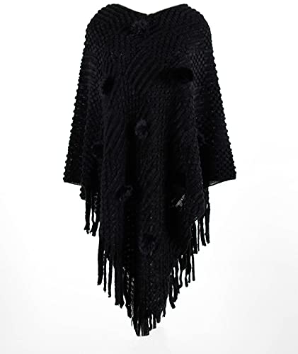 Image of xxxiticat Women's Tassel Poncho Scarf Batwing Sleeve Loose Fringe Hem Round Ball Cape Shawls Knitted Pullover Sweaters