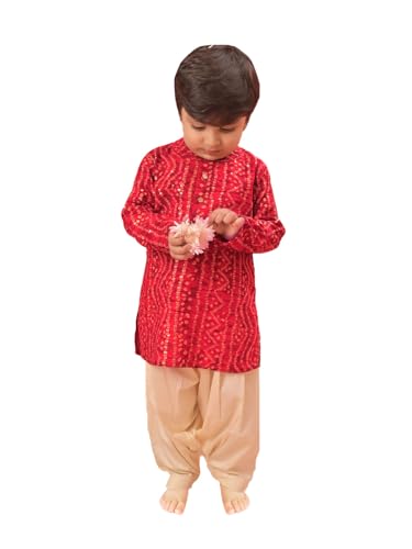 Image of Vastramay Boys' Bandhani Kurta and Patiala Set - Traditional Cotton Ethnic Wear for Infants, Perfect for Weddings and Festive Occasions