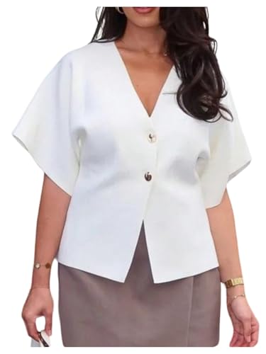 Verdusa Women's V Neck Button Down Sweaters Vest Half Sleeve Old Money Slit Knit Tops