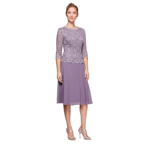 Image of Alex Evenings Women's Tea Length Embroidered Bodice Mother of The Bride Gown, Wedding Guest Dress