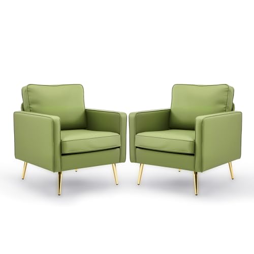 Image of VINGLI Modern Accent Chair, Upholstered Faux Leather PU Armchair with Thick Cushion & Metal Legs, Comfortable Reading Chair for Living Room, Bedroom, Office, Green