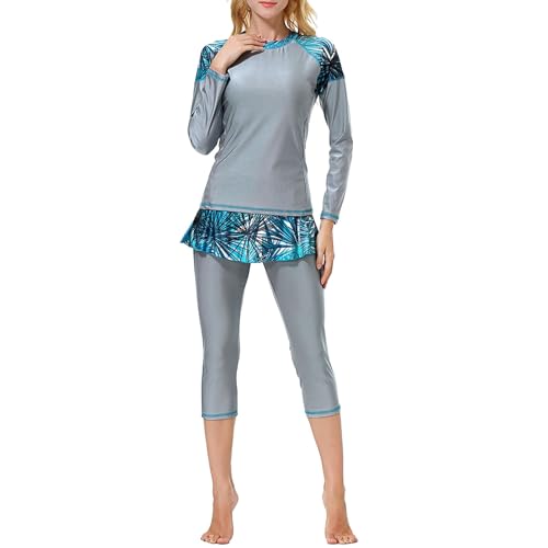 Maillot de bain une pièce hijab plage musulmane manches longues vêtement aquatique gris XXL