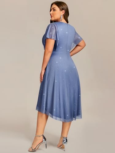 Image of Ever-Pretty Plus Women's V Neck Short Sleeves Pleated Applique High Low Glitter Midi Plus Size Wedding Guest Dresses