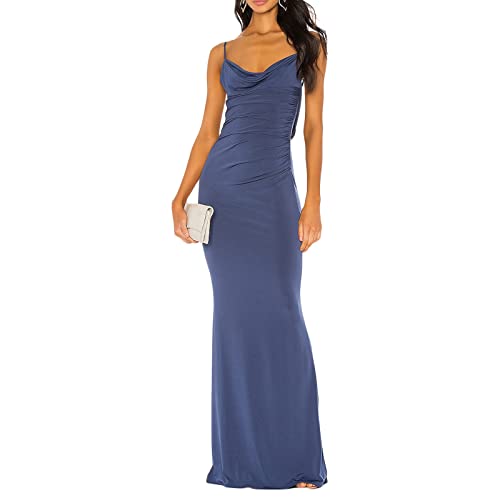 Felcia Langes Damenkleid mit Spaghettiträger, figurbetont, Wasserfallausschnitt, rückenfrei, elegant, Abendkleid, Maxikleid, Sommer, Hochzeit, Gast,...