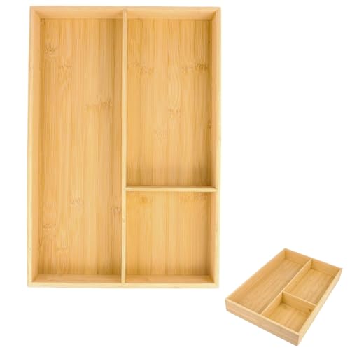 Bandeja de Cubiertos de Bambú Grande,43x30x6 cm 3 Compartimentos Bandeja para Cubertería,Separador Cubiertos Cajón,Caja de Cubiertos Organizador de Cubiertos,Cajones de Madera para Cocina Oficina