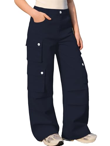 Image of SANGTREE Girls High Waist Casual Y2k Wide Leg Cargo Pants, 4-14 Years