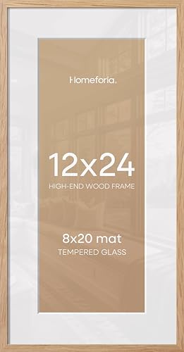 Image of Homeforia 12x24 Wood Frame, High End Natural Oak 12x24 Light Wooden Picture Frame with Mat 8x20, 12 x 24 Poster Frames Matted to 8 by 20 Photo, 24x12 Hanging Frames, Tempered Glass, Wall Kit, Set of 1