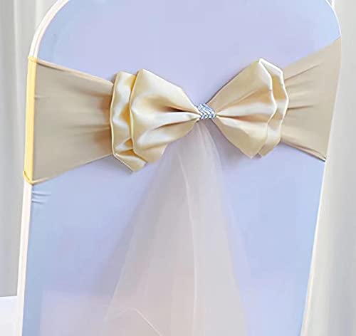 100Pcs Stretch Satin Chair Sashes Bows Chair Bands Decor for Hotel Wedding Reception Party Event Chair Cover Decoration Light Champagne