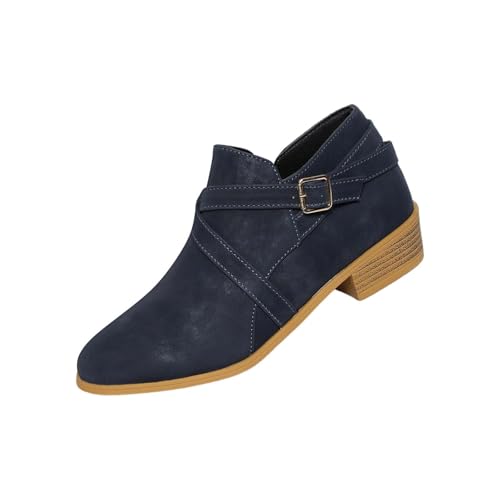 Botines de mujer de gran tamaño puntiagudo tacón bajo Che-lsea Botas cortas británicas retro chic antideslizante otoño invierno botas ligeras zapatos, azul marino, 39 EU