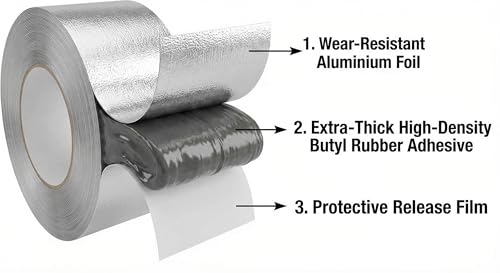 Image of Super Strong Adhesive Waterproof Tape Permanent Repair Aluminum Butyl Rubber Foil for Roof Leak, surface Crack, Window Sill, Water Tank, Boat Sealing, Home Renovation (4 Inch 5 Mtr)