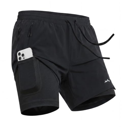 maamgic 2 in 1 Laufhose Herren Kurz 7 Ultra Leicht Laufshorts mit Innenhose & Taschen Schnelltrocknend 4 Way Stretch Gym Shorts Sporthose Kurz für Running Fitness Workout Athletic Schwarz L