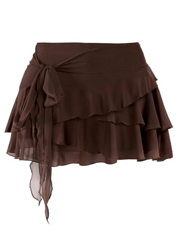 SOFIA'S CHOICE Women Mesh Ruffle Mini Skirt Summer Flowy Tiered Layered Pleated Skirts with Built in Shorts Brown Large