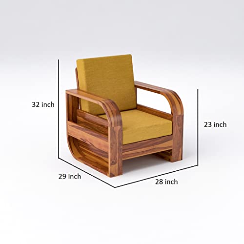 Image of Douceur Furnitures Solid Sheesham Wood 5 Seater Sofa | Five Seater Sofa Set with Coffee Table for Living Room, Cafe, Office | (Honey Teak Cushion Mustard Yellow)