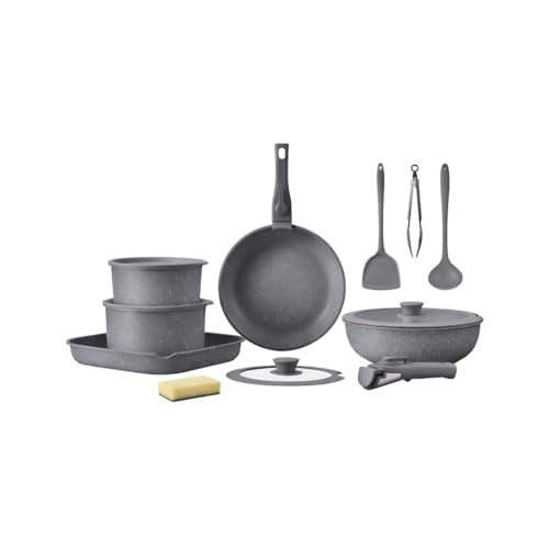 Conjunto de Panelas e Utensílios de Cozinha, Cinza, Antiaderente, de Cerâmica, Por Indução, Inclui Frigideira, Panelas, Utensílios e Esponja