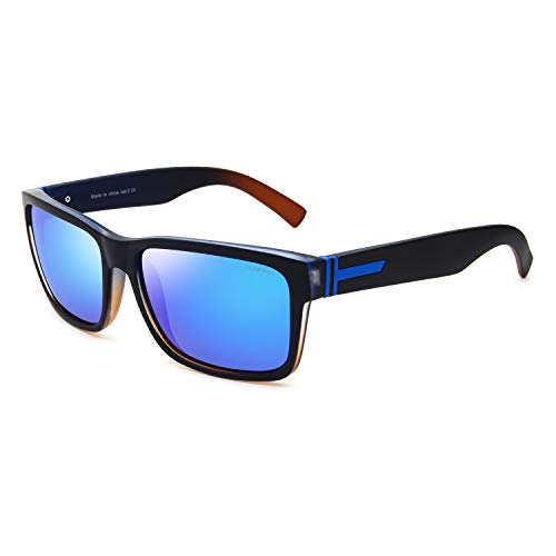 LECKIRUT Vintage Polarized Sunglasses for Men Women Retro Oversized Square Mirror Sun Glasses L8 Blue Lens/Black Blue Frame