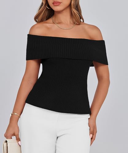 PRETTYGARDEN Women's 2025 Summer Off Shoulder Sweater Tops Ribbed Knit Short Sleeve Trendy Going Out Date Night Blouse3