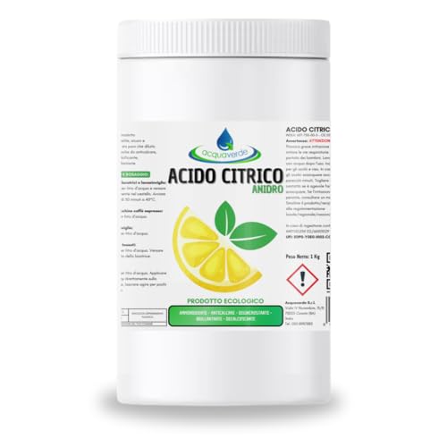 acquaverde | Acido Citrico in Polvere, Naturale ed Ecologico, Puro al 100% per Pulizia e Igiene della Casa, Multiuso: Ammorbidente, Anticalcare, Disincrostante, Brillantante, Decalcificante - 1 kg
