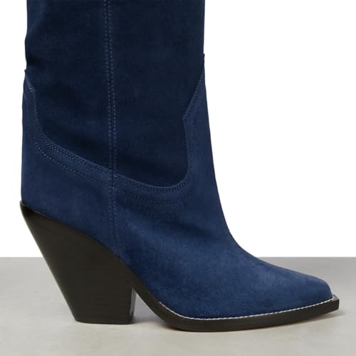 LEHOOR Women Cowboy Knee High Boots Chunky Block Heel Pointed Toe Suede Western Cowgirl Boots Wide Calf Pull On 3" High Stacked Heels Tall Dress Boot Fall Fashion Winter Riding Boot Retro 4-11 M US2