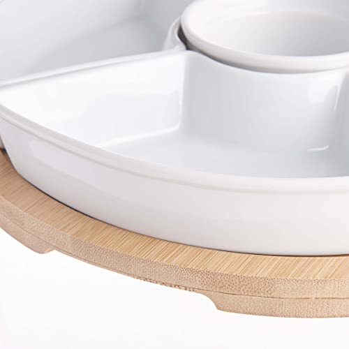 BUTLERS Set Snackschalen & Dipschalen | 5 Porzellan Schalen mit rundem Teller aus Bambus Ø26cm -APPETIZER- Servierschalen Set für Snacks, Fingerfood, Obst | Snackteller mit Fächern