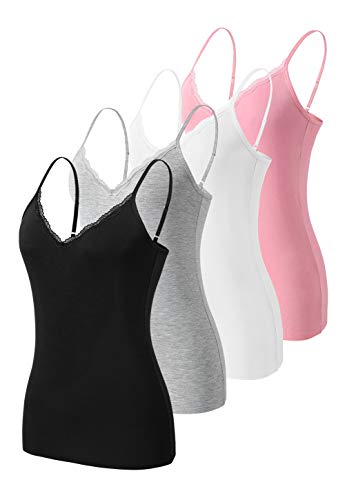 AMVELOP v Neck Women Camisole Adjustable Spaghetti Strap cami lace Trim Tank Tops 4 Pack Black Gray White Pink M