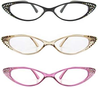 Pop Fashionwear Rhinestone Colorful Cat Eye Reading Glasses Set of 3 (Multicolor, 3.00)