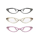 Pop Fashionwear Rhinestone Colorful Cat Eye Reading Glasses Set of 3 (Multicolor, 3.00, x)