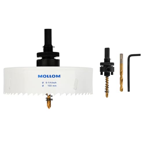 Mollom (133mm | 5-1/4") HSS M42 with 8% cobalt BI-Metal Hole Saw with 2 Pilot Drill Bits & Arbor Smooth Cutting for PVC,Drywall,Wood,Plastic,Gypsum Board,Rubber