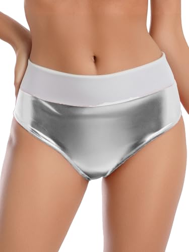 TiaoBug Calzoncillos Metálicos para Mujer Pantalones Cortos De Cintura Alta Pantalón Corto Surf Traje De Baño Bragas De Bikini Plata A XXL