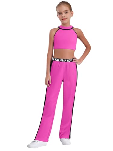 LiiYii Traje Atlético Para Niñas Crop Top Pantalones Flares para Baile Entrenamiento Casero Traje Deportivo Running Yoga, rosa fuerte, 7-8 Años