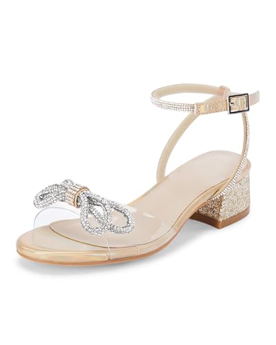 Coutgo Girls Rhinestone Sandals Low Chunky Heels Bow Open Toe Glitter Dress Shoes for Toddler Little Big Kid, Gold, size 12