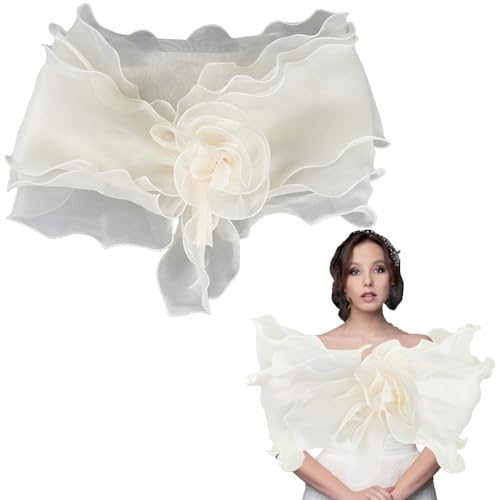 Beige Chiffon Ruffle Shawl Wrap Vintage Soft Sheer Silk Fabric Cape Pleated Floral Trimming Wave Edging Detachable Collar for Women Party Birthday Dresses Clothes Decoration Wedding Bridal