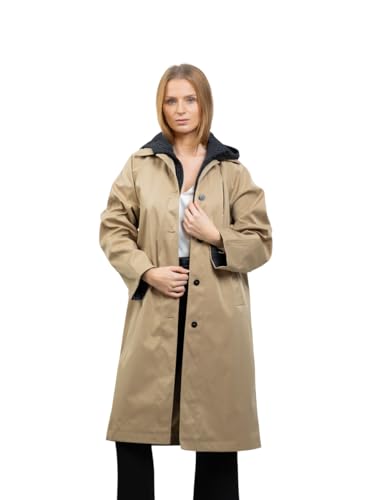 Parka femme beige longue imperméable avec capuche contrastée et style faux deux pièces original