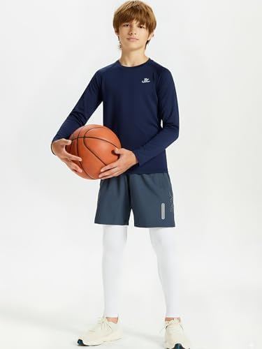 DEVOROPA Youth Boys Compression Thermal Shirt Long Sleeve Fleece Baselayer Soccer Baseball Undershirt Navy M — view 3