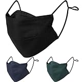 BASE CAMP Reusable Cloth Dust Face Masks 100% Cotton Washable Adjustable Breathable Fabric Mask with Filter Pocket (Black+Green+Blue-L)