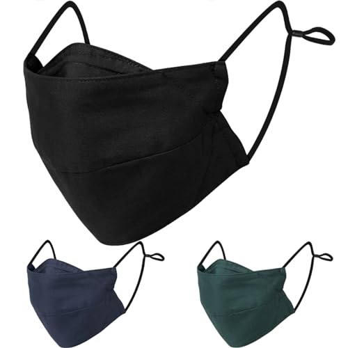 BASE CAMP Reusable Cloth Dust Face Masks 100% Cotton Washable Adjustable Breathable Fabric Mask with Filter Pocket (Black+Green+Blue-L)