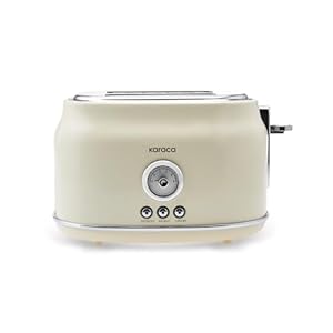 Karaca Retro 2 Slice Toaster Cream, 815w Cream – Stainless Steel Toaster with Adjustable Browning, Defrost, Reheat & Crumb Tray
