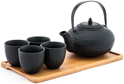 Fuji Merchandise Ceramic Teapot with Stainless Steel Infuser and Metal Handle 26 fl ounce and Four Tea Cups with Bamboo Serving Tray Tea Set (Black Hobnail)