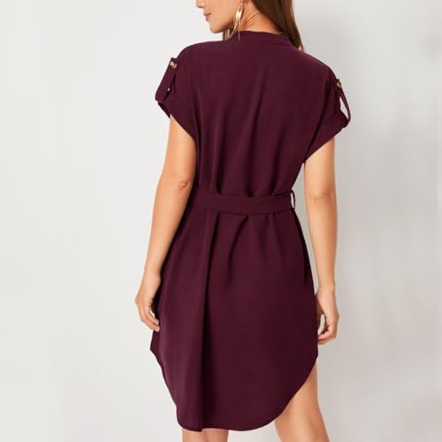 NATHGAM Womens Dresses Summer V Neck Belted High Low Roll Short Sleeve Office Tunic Mini Dress Belted Casual Beach Mini Dress3