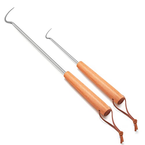 Leonyo 2 Pack Pigtail Food Flipper, 12 & 17 Inch Meat Hook Flippers Turners with Stainless Steel Shafts, Substitutes of Grill Tong, Spatulas, Fork for Kitchen Cooking, Wooden Handles
