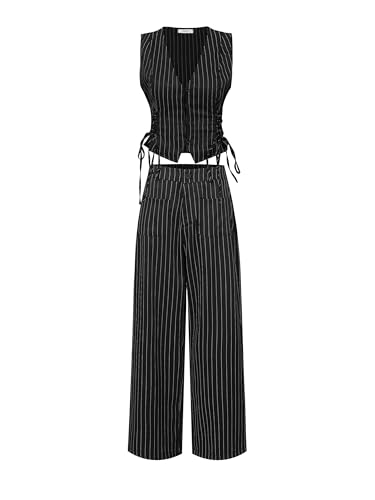AstralElegance MOD V-Neck Sleeveless Side Tie Waist Straight Pants Black Striped Suit Set,Back To School Preppy Tops 2pcs (Black, L)