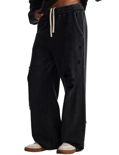 Gihuo Mens Acid Wash Sweatpants Distressed Washed Pants Drawstring Elastic Waist Wide Leg Ripped Pants2