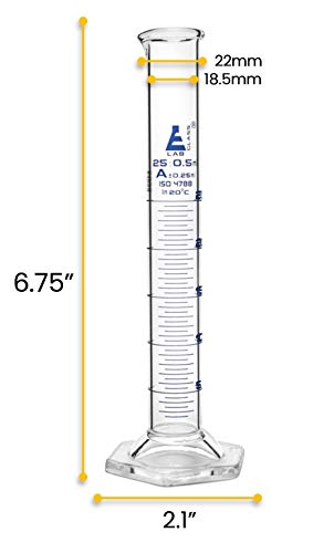 Graduated Cylinder, 25Ml - Class A Tolerance ±0.25Ml - Hexagonal Base - Blue Graduations - Borosilicate 3.3 Glass - Eisco Labs #TOP2