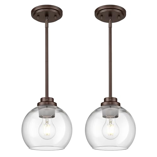 Image of 2-Pack Pendant Lights Kitchen Island, 7 inch Oil Rubbed Bronze Hanging Lights Fixtures with Clear Glass Globe Shade, Modern Kitchen Island Lighting for Bathroom, AD-22280-1P2-ORB